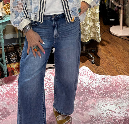 Risen High Rise Crop Barrel Dark Jeans