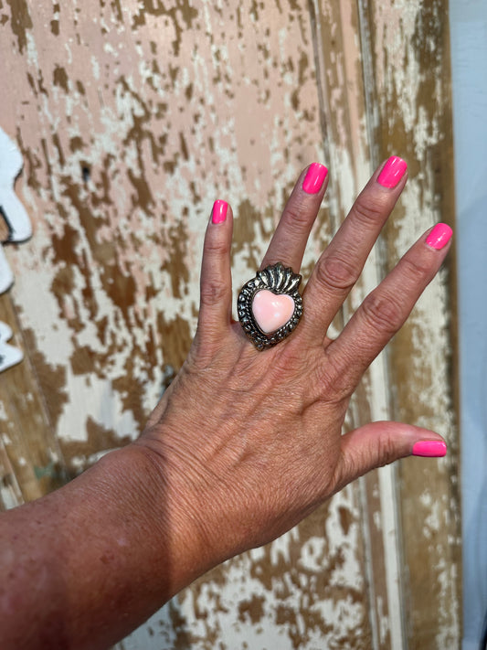 Tibetan Pink Conch Sacred Heart Adjustable Ring