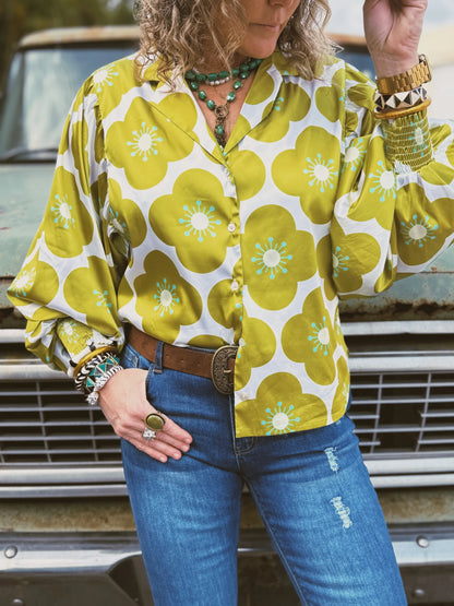 LB Green Flower Balloon Sleeve Button Up Top