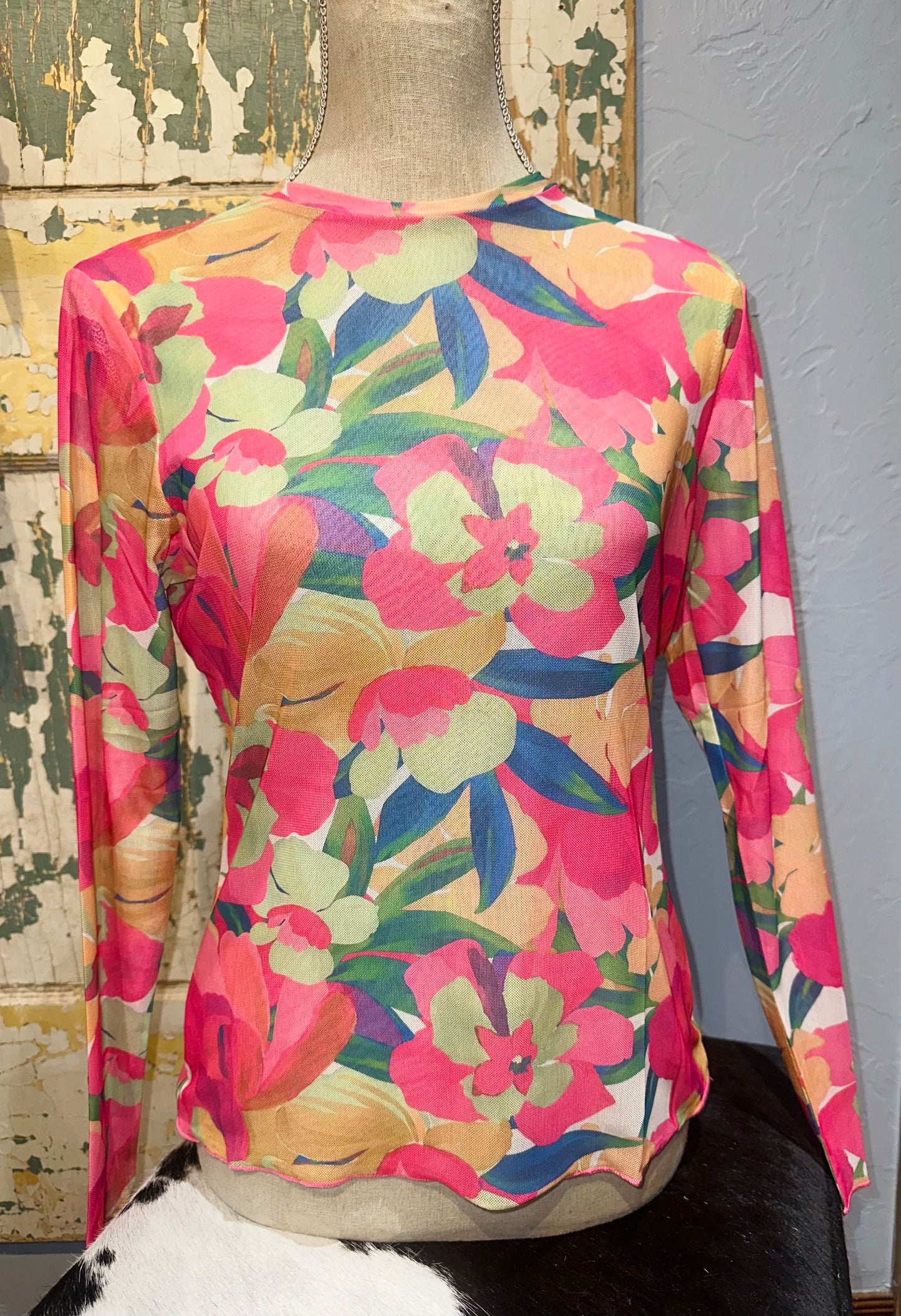 Pink Floral Mesh Fitted Top