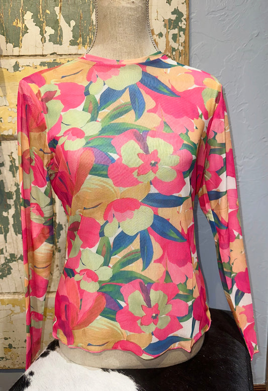 Pink Floral Mesh Fitted Top