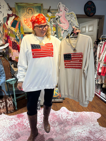 Blue Velvet Beige American Flag Sweatshirt