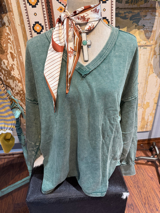 Deep V Neck Washed Terry Pullover Pine Green