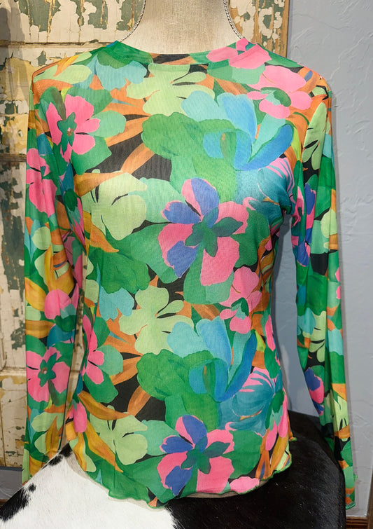 Green Floral Mesh Fitted Top