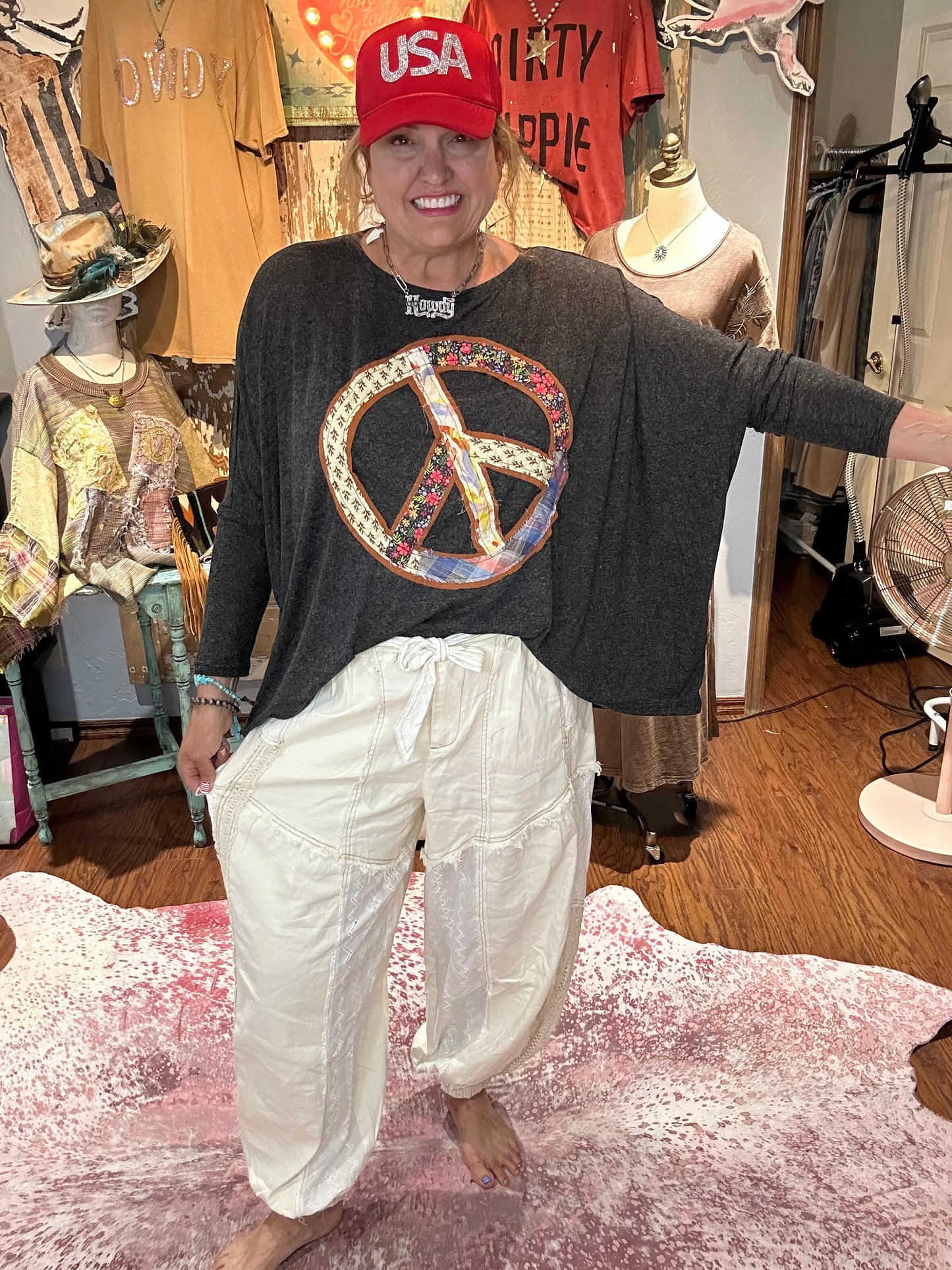 Easel Peace Patch Long Sleeve Top Black