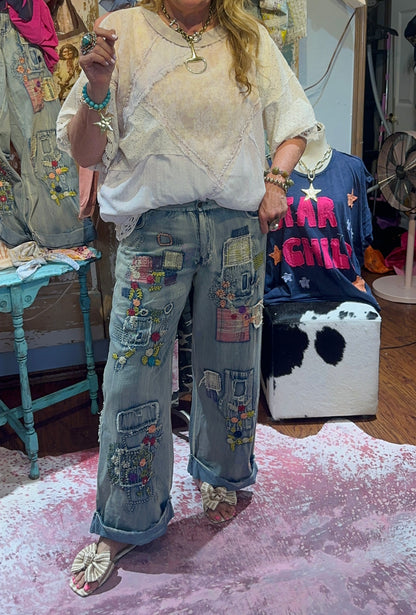 Blue Velvet Denim Embroidered Straight Leg Pants