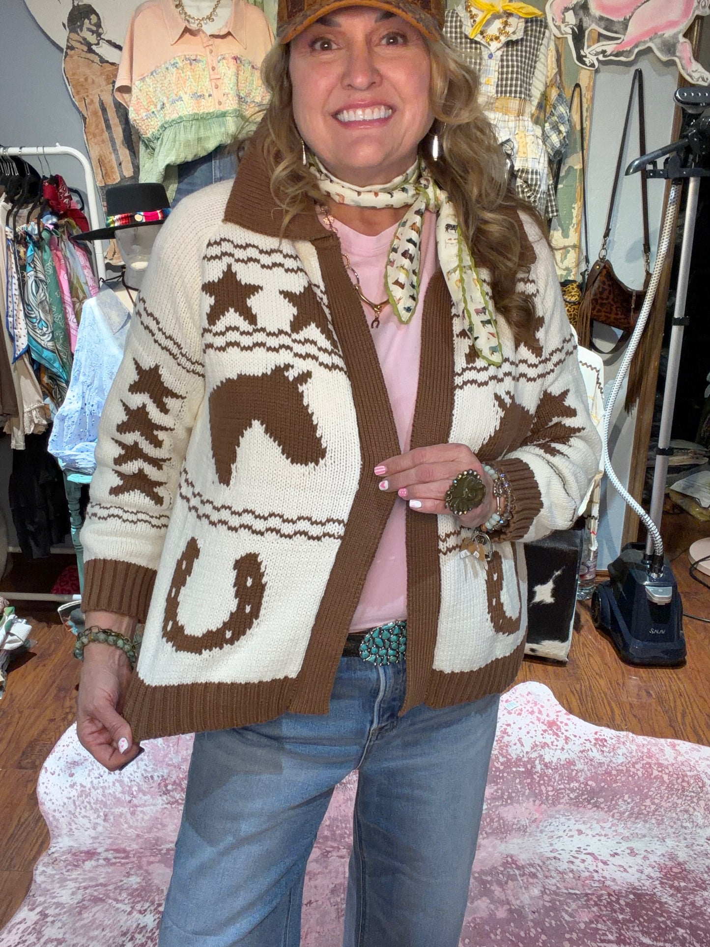 Western Loose Fit Open Cardigan Brown