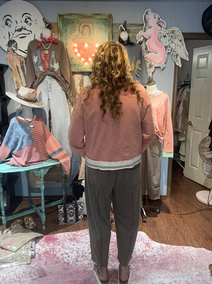 Easel Striped Washed Terry Pullover Coral Grey