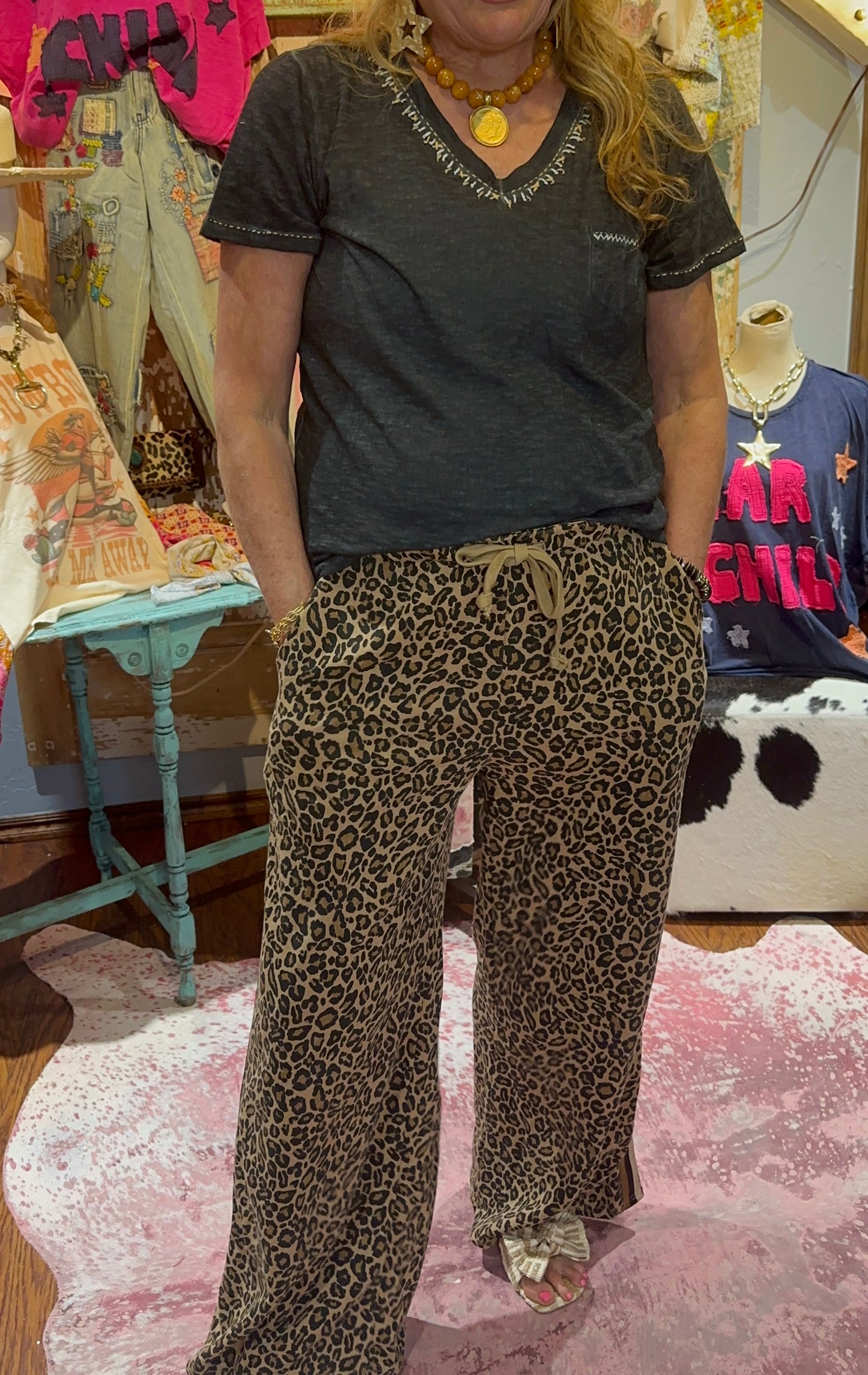 Blue Velvet Leopard Knit Wide-Cut Pull-On Pants