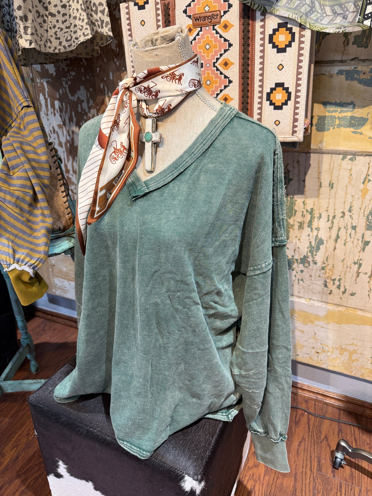 Deep V Neck Washed Terry Pullover Pine Green