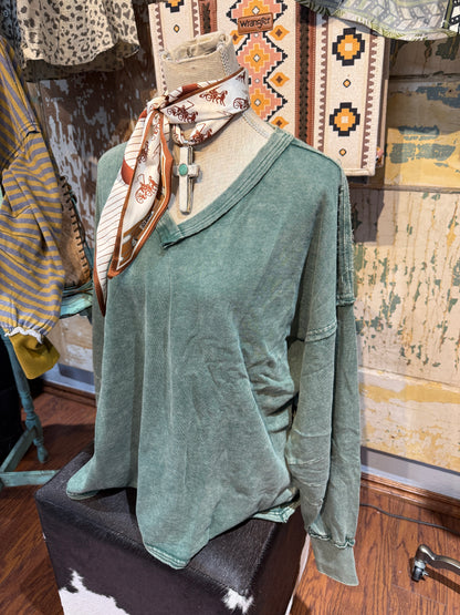 Deep V Neck Washed Terry Pullover Pine Green