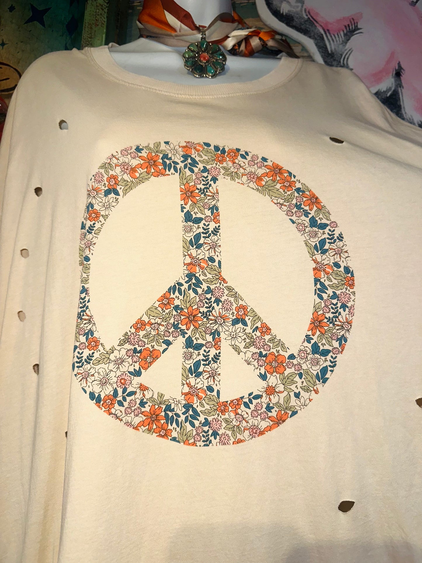 Tan Oversized Floral Peace T-Shirt Dress