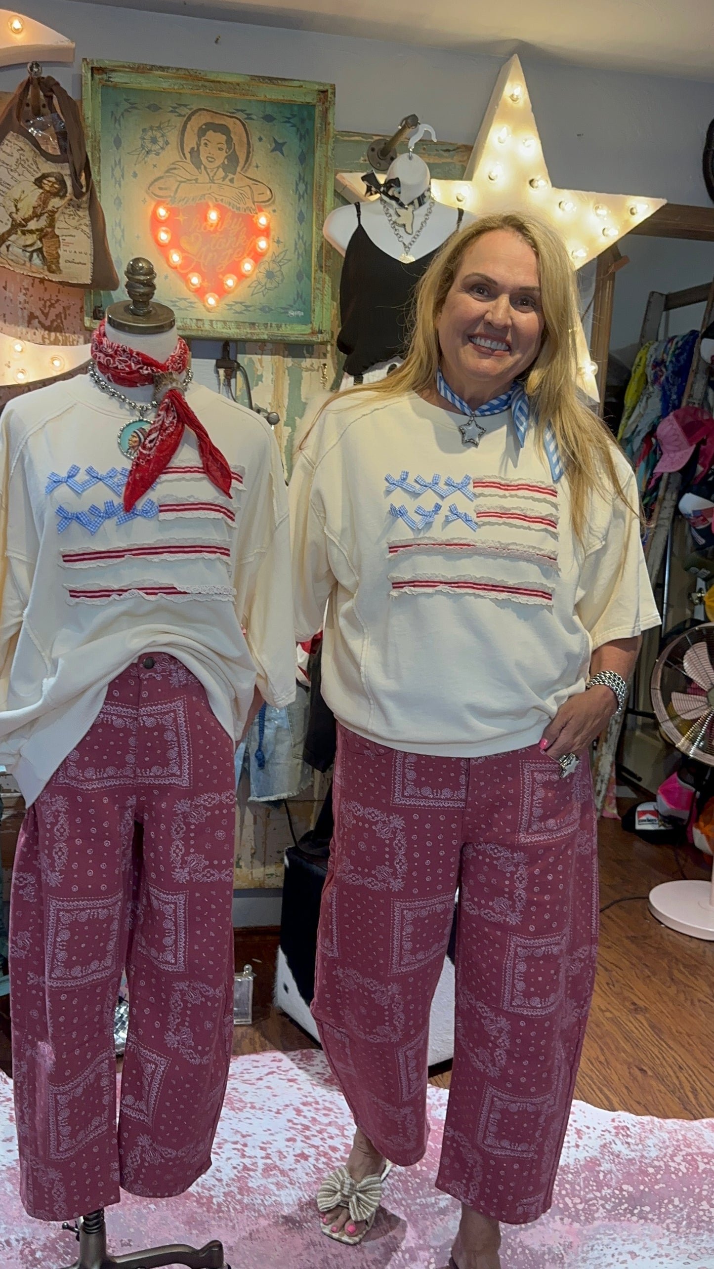 Easel American Flag Bow Lace Top