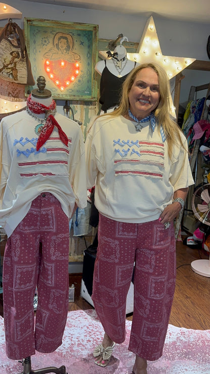 Easel American Flag Bow Lace Top