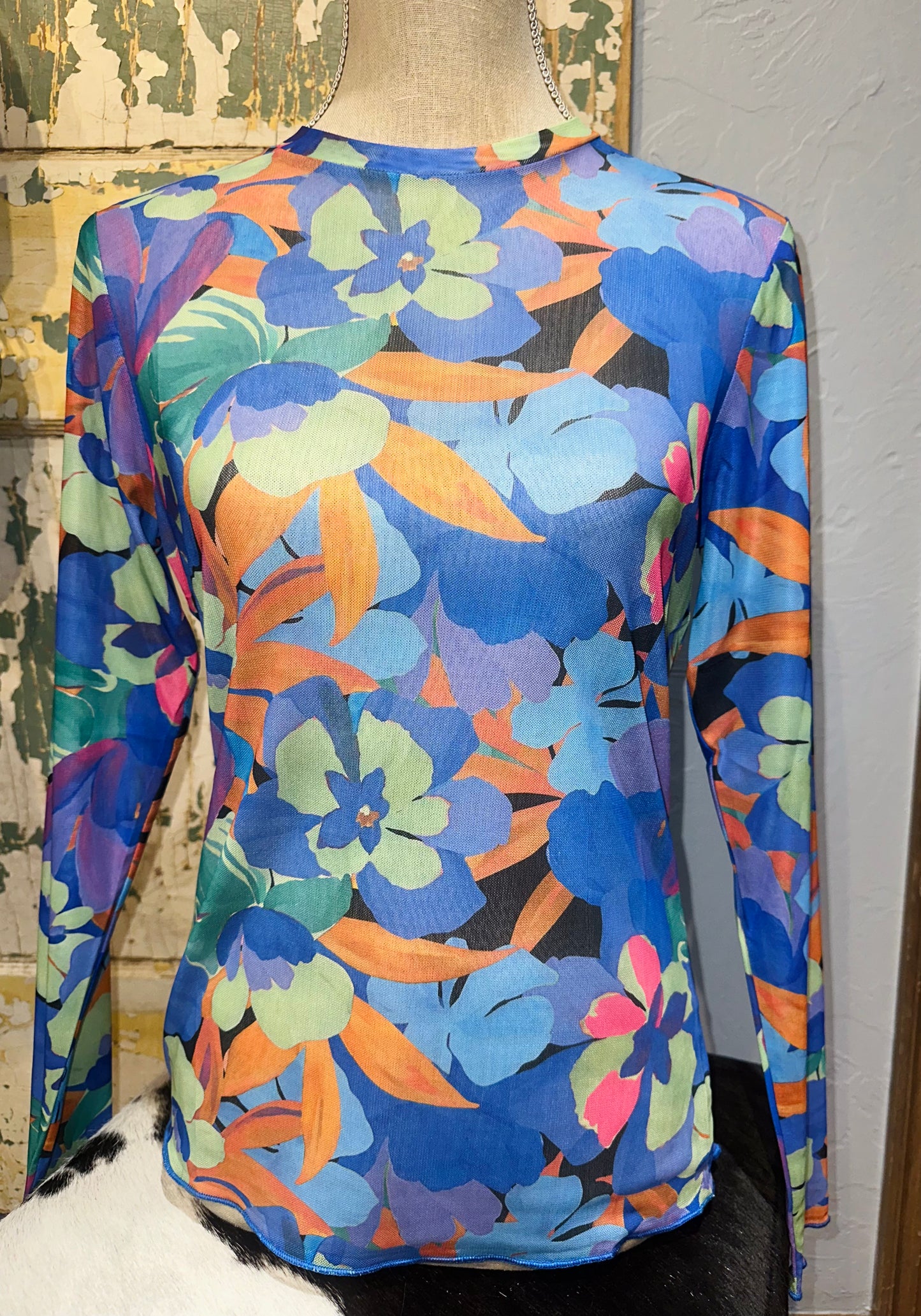 Blue Floral Mesh Fitted Top