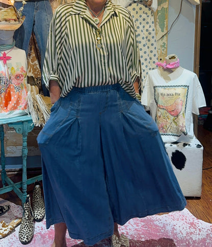 Easel Wide Leg Washed Denim Palazzo Pants