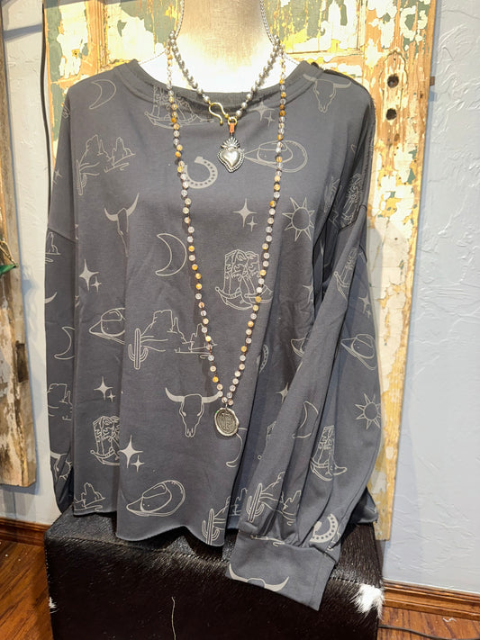 Gray Western Print Sweatshirt