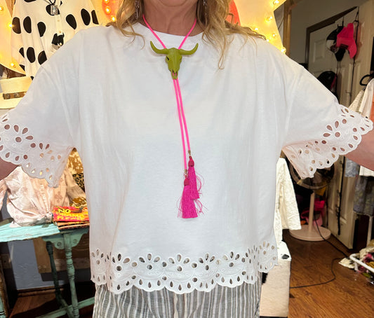 Easel White Embroidered Hem Top