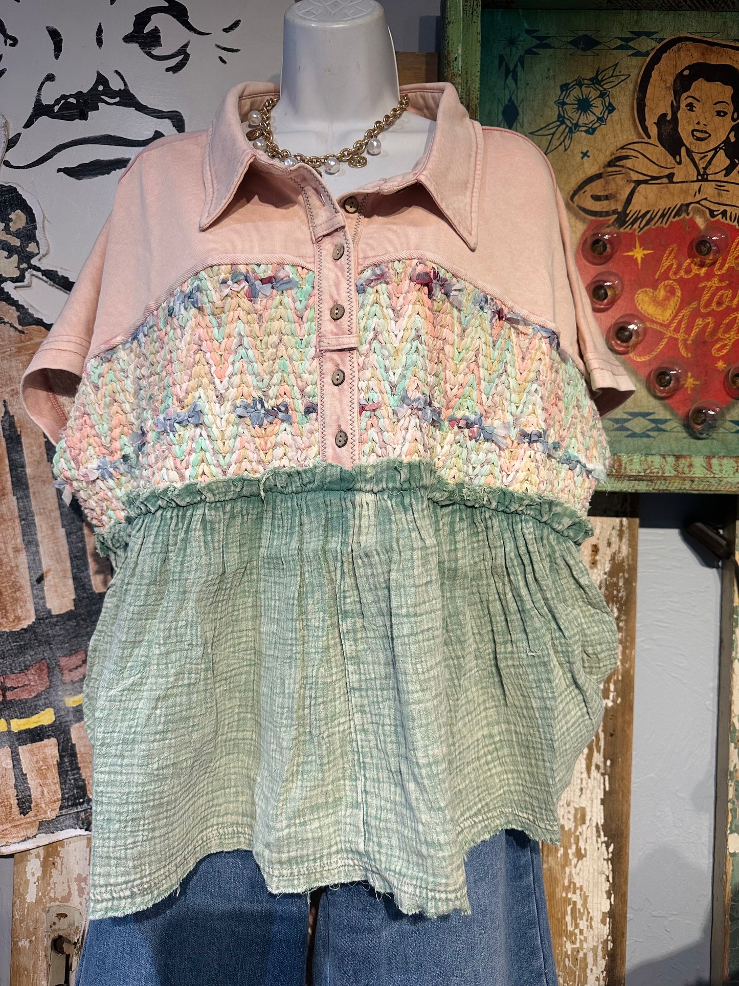 Oli & Hali Collared Half Placket Top Blush