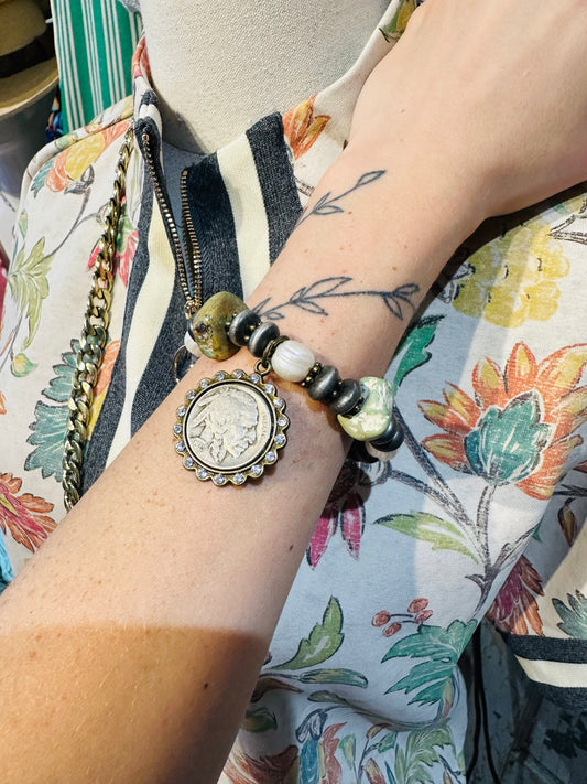 Sandra Ling Freshwater Pearl & Turquoise Chief Coin Bracelet