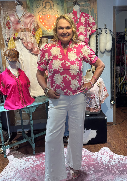 Hot Pink w/ White Embroidered Flower Top