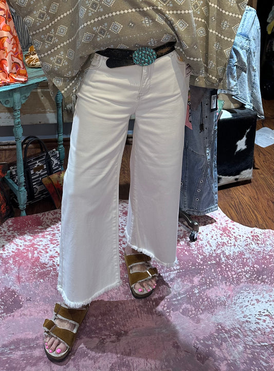 Risen High Rise Crop Wide Pants Frayed Cream