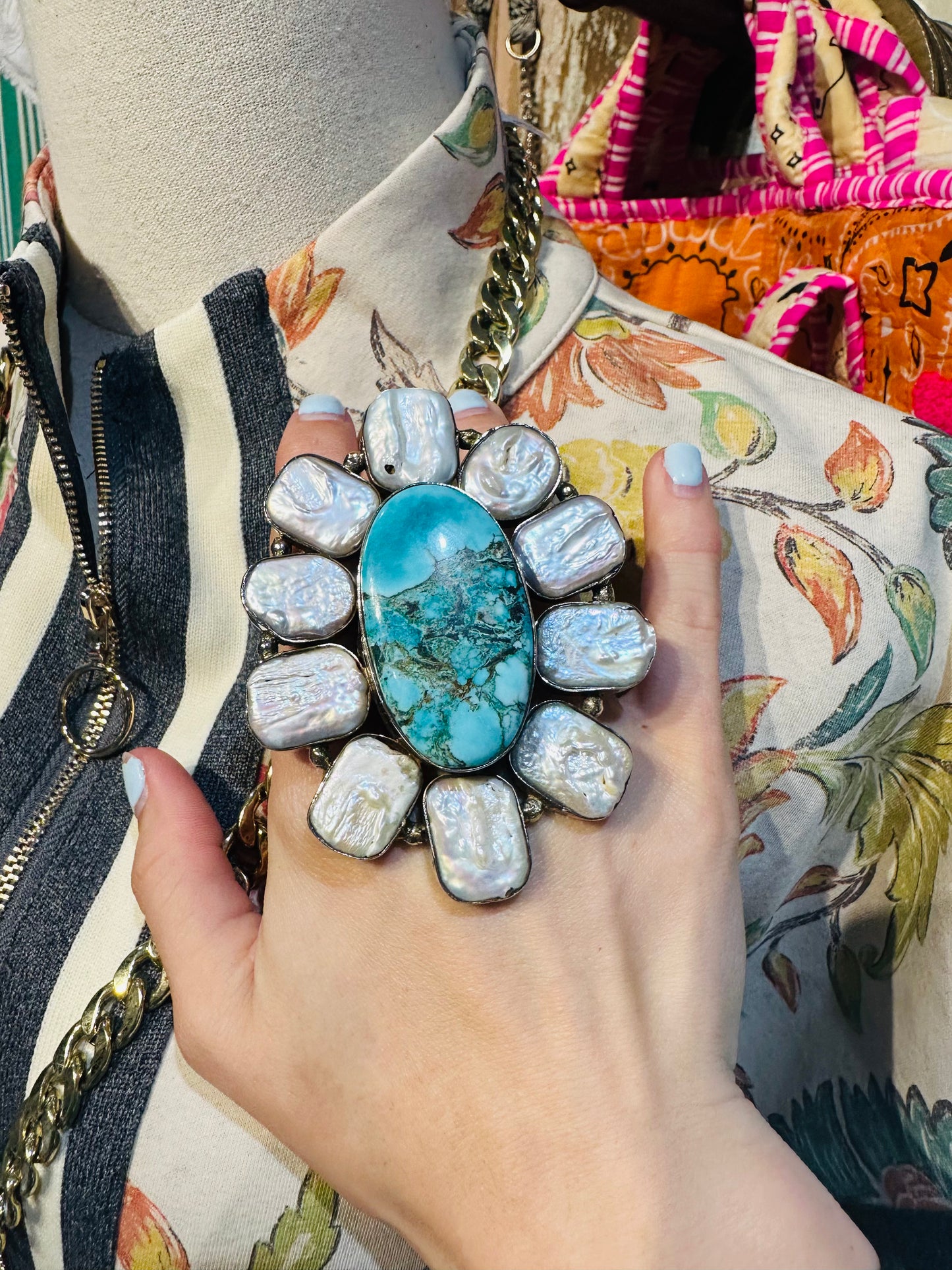 German Silver, Turquoise, and Mother of Pearl Adjustable Ring