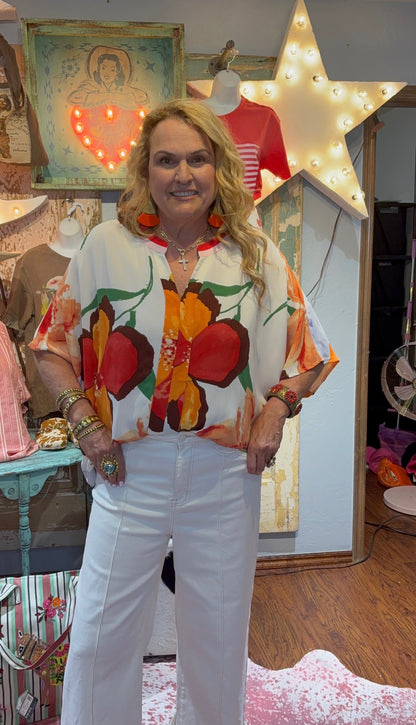 Hibiscus Floral Print Button Top