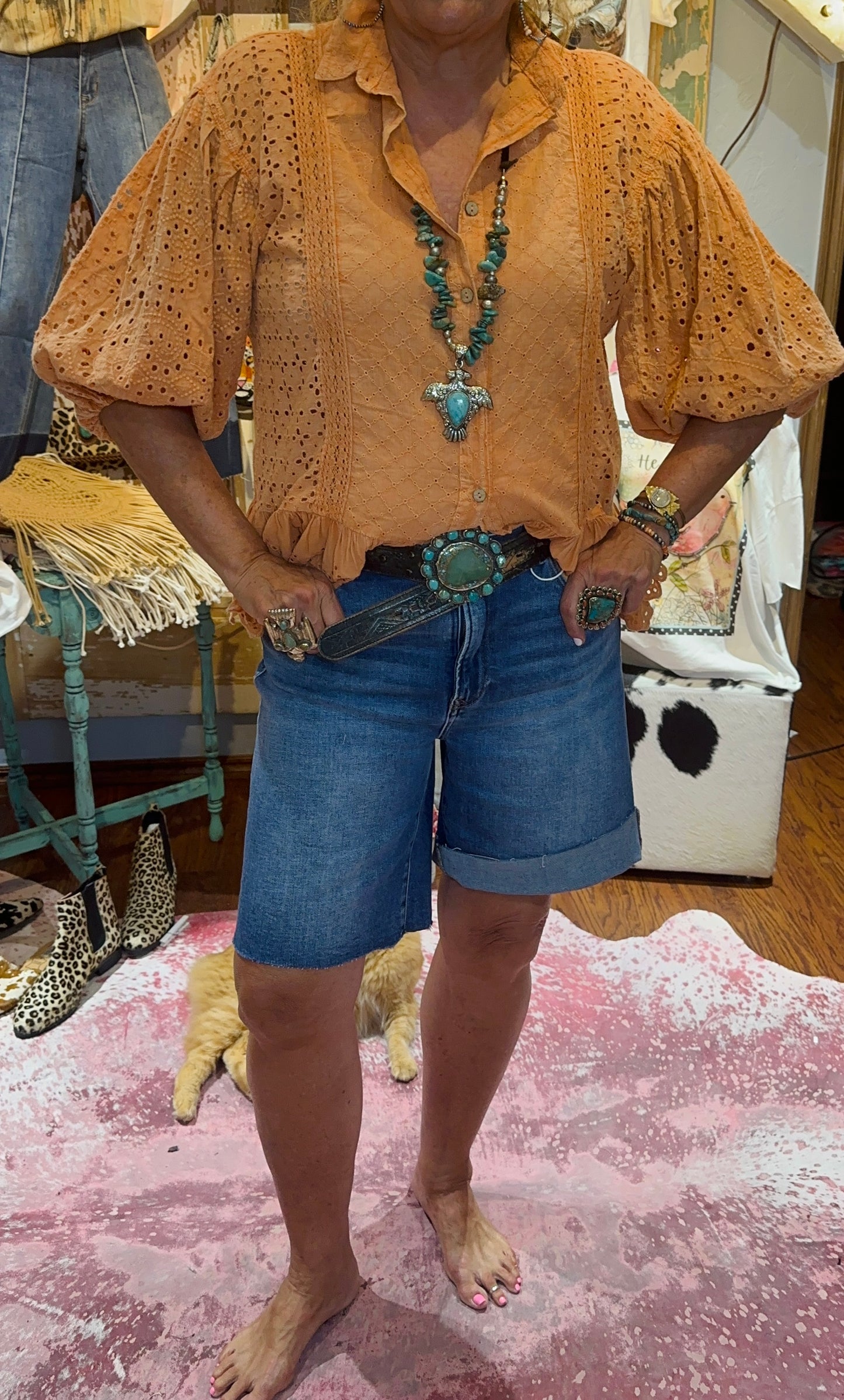 BlueVelvet Coral Eyelet Ruffle Top