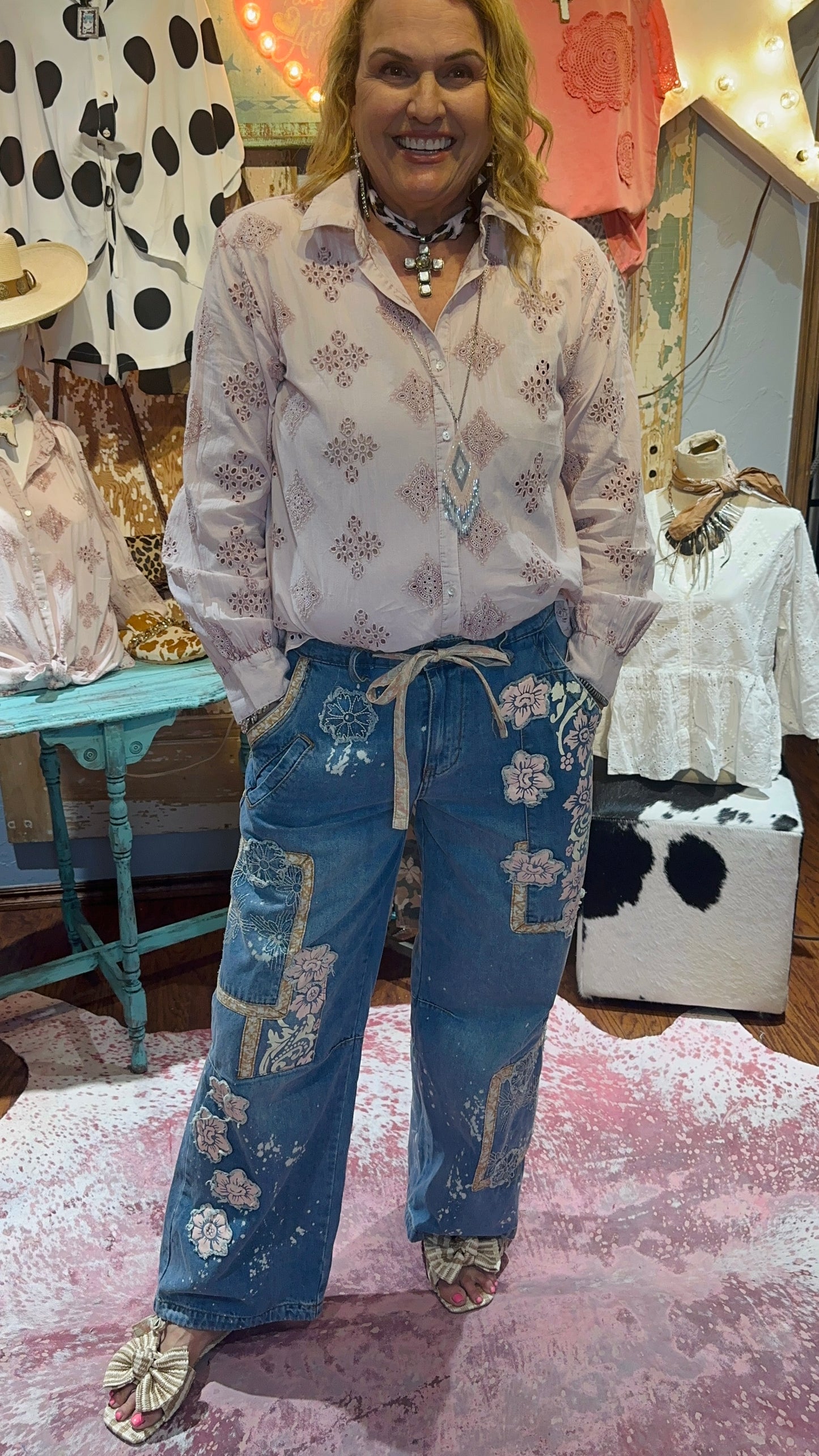 POL Rose Pink Long Sleeve Eyelet Button Down Top