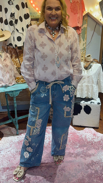 POL Rose Pink Long Sleeve Eyelet Button Down Top