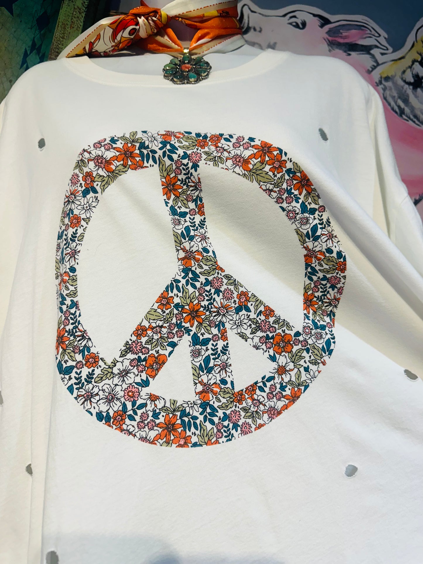 White Oversized Floral Peace T-Shirt Dress