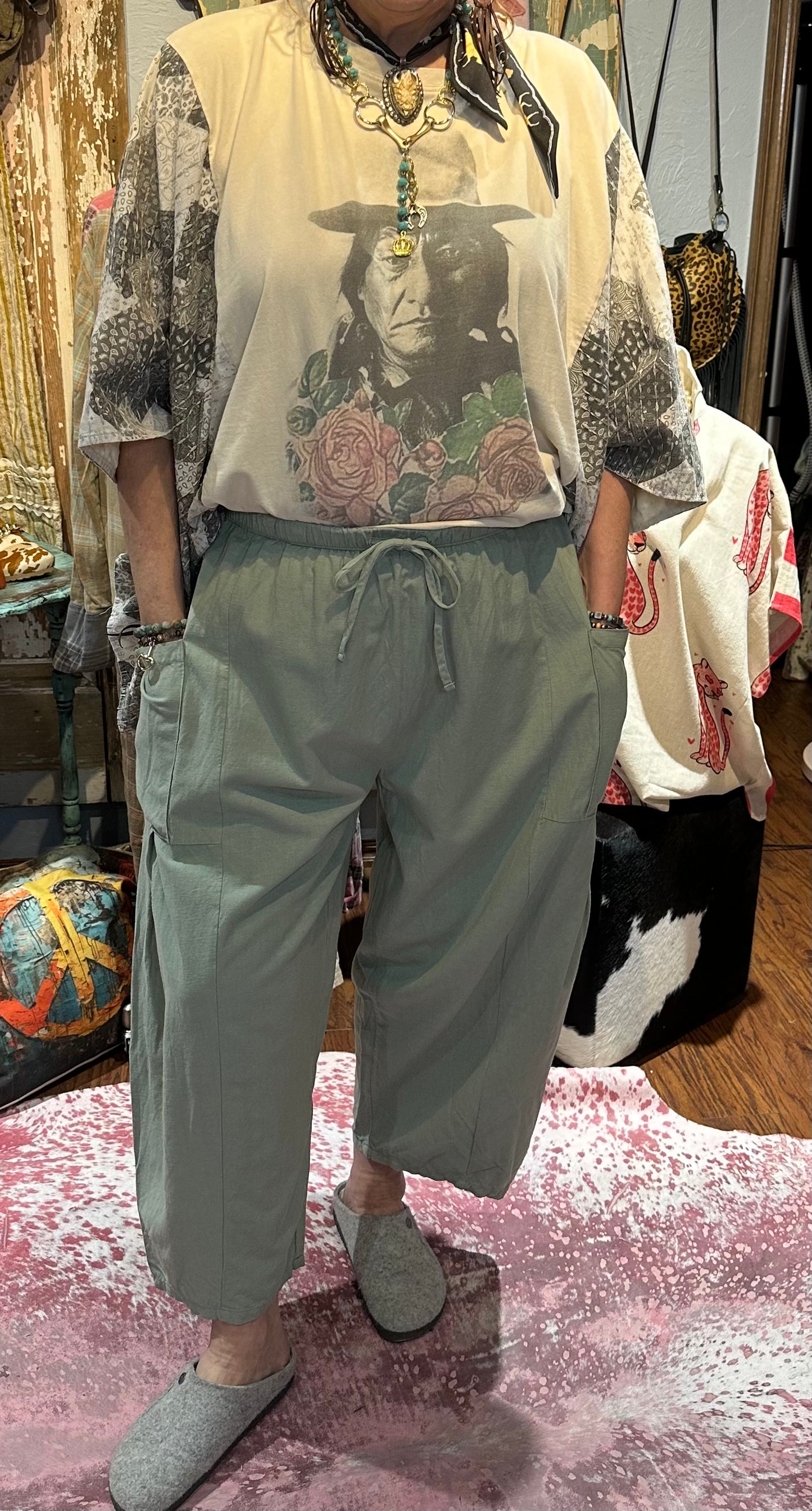 Wide Leg Cotton Pants Sage Green
