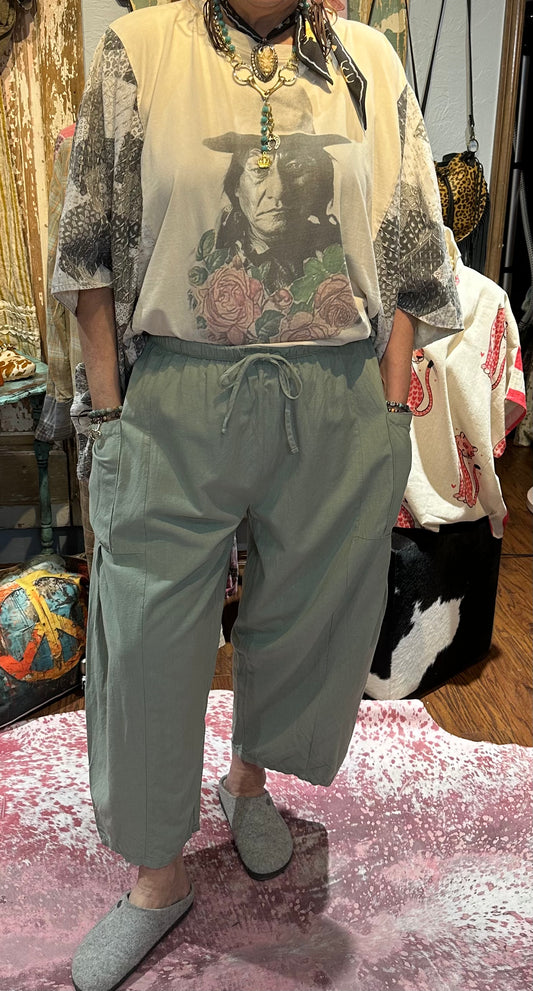 Wide Leg Cotton Pants Sage Green
