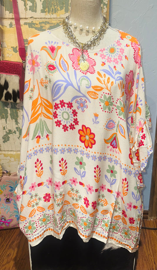 Easel Printed Rayon Gauze Boxy Woven Top Stone