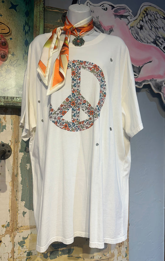 White Oversized Floral Peace T-Shirt Dress