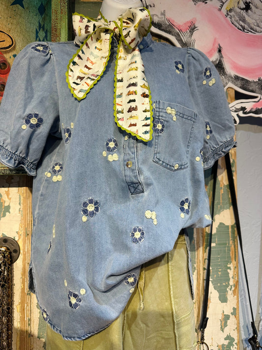 Easel Floral Embroidered Denim Top