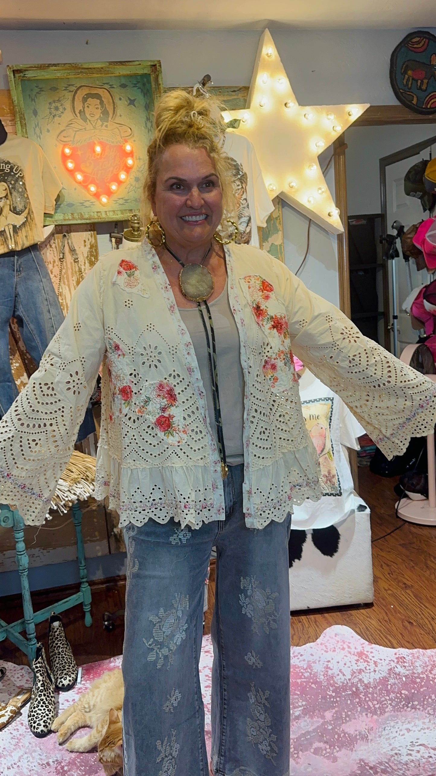 BlueVelvet Floral Patch Eyelet Cardigan