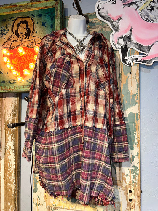 Plaid Button Down Hoodie Shirt Faded Red