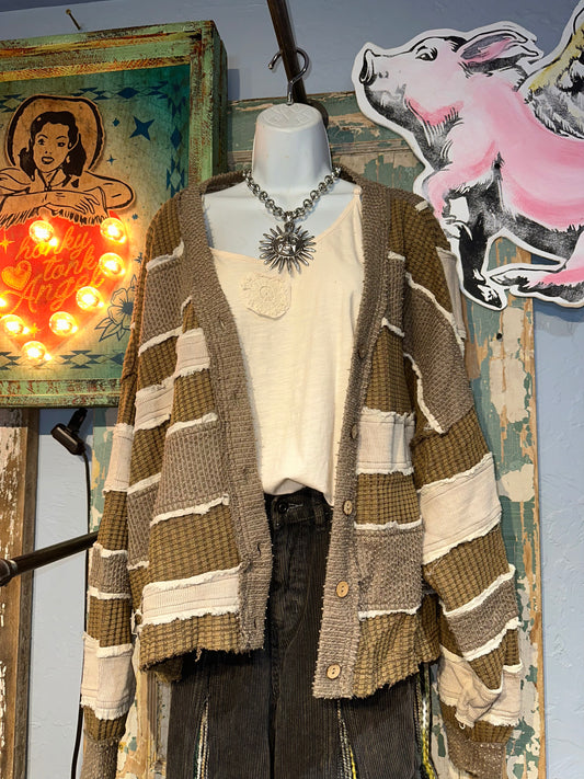 Colorblock and Patchwork Cardigan Brown Combo