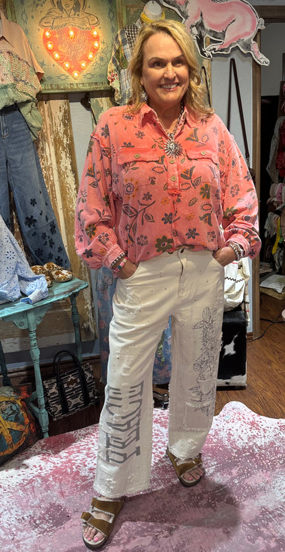 Easel Coral Floral Printed Pullover Top