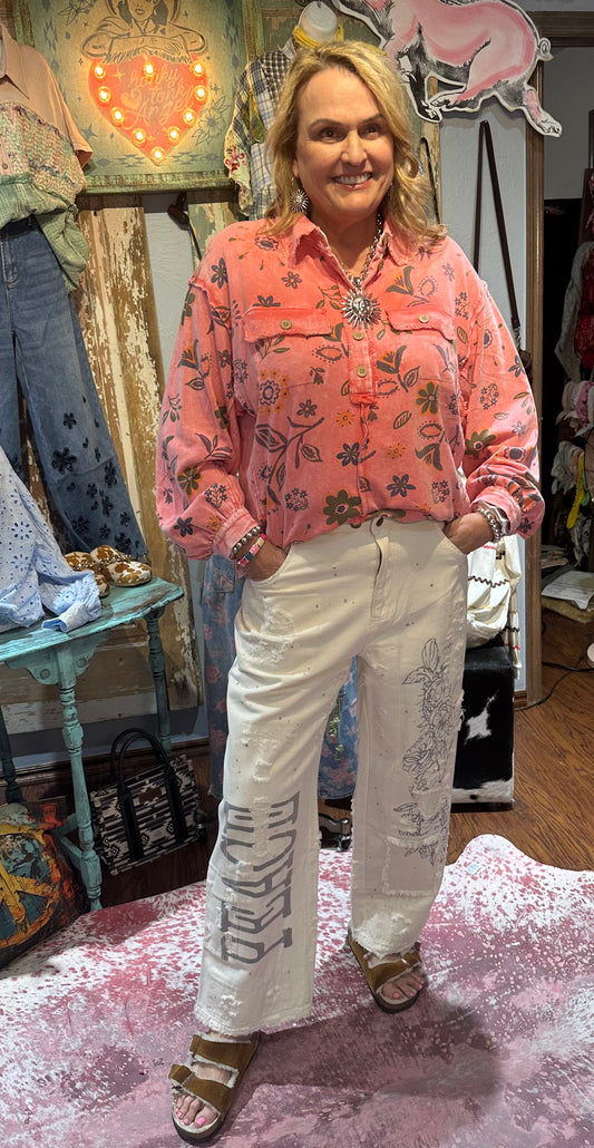 Easel Coral Floral Printed Pullover Top