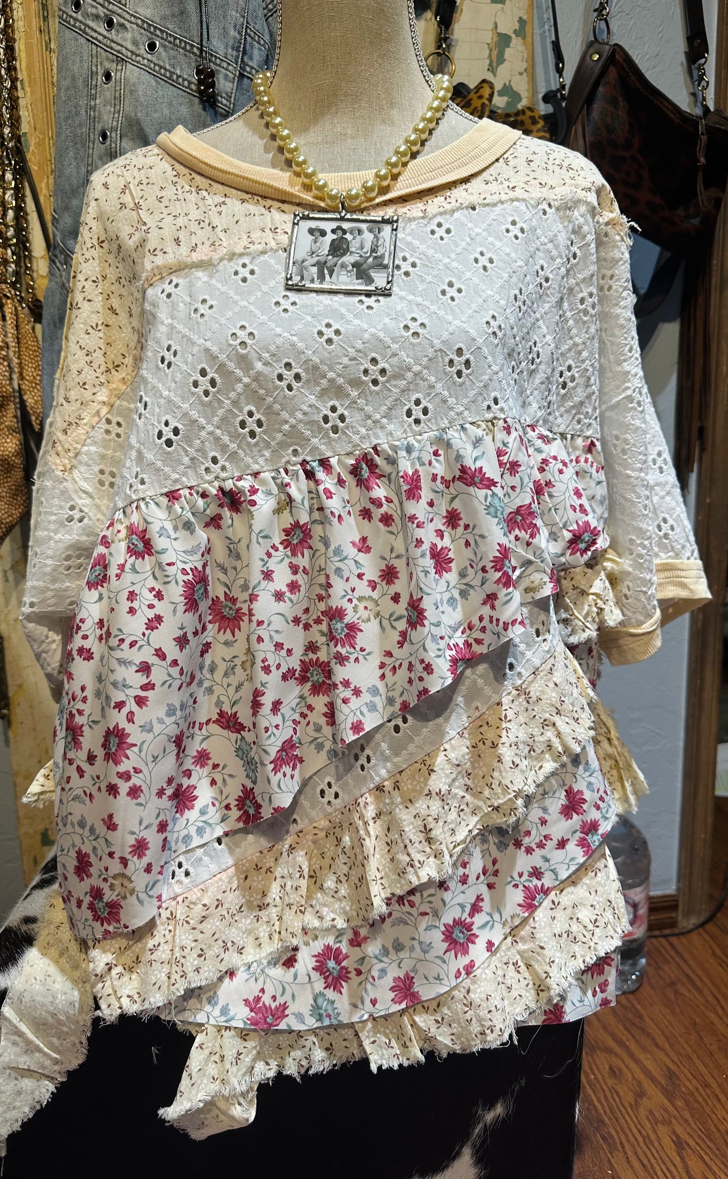 Oli & Hali Mixed Fabric Floral Tiered Top