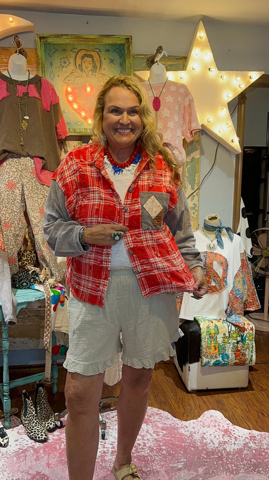 POL Red Plaid Paint Splatter Flannel Top