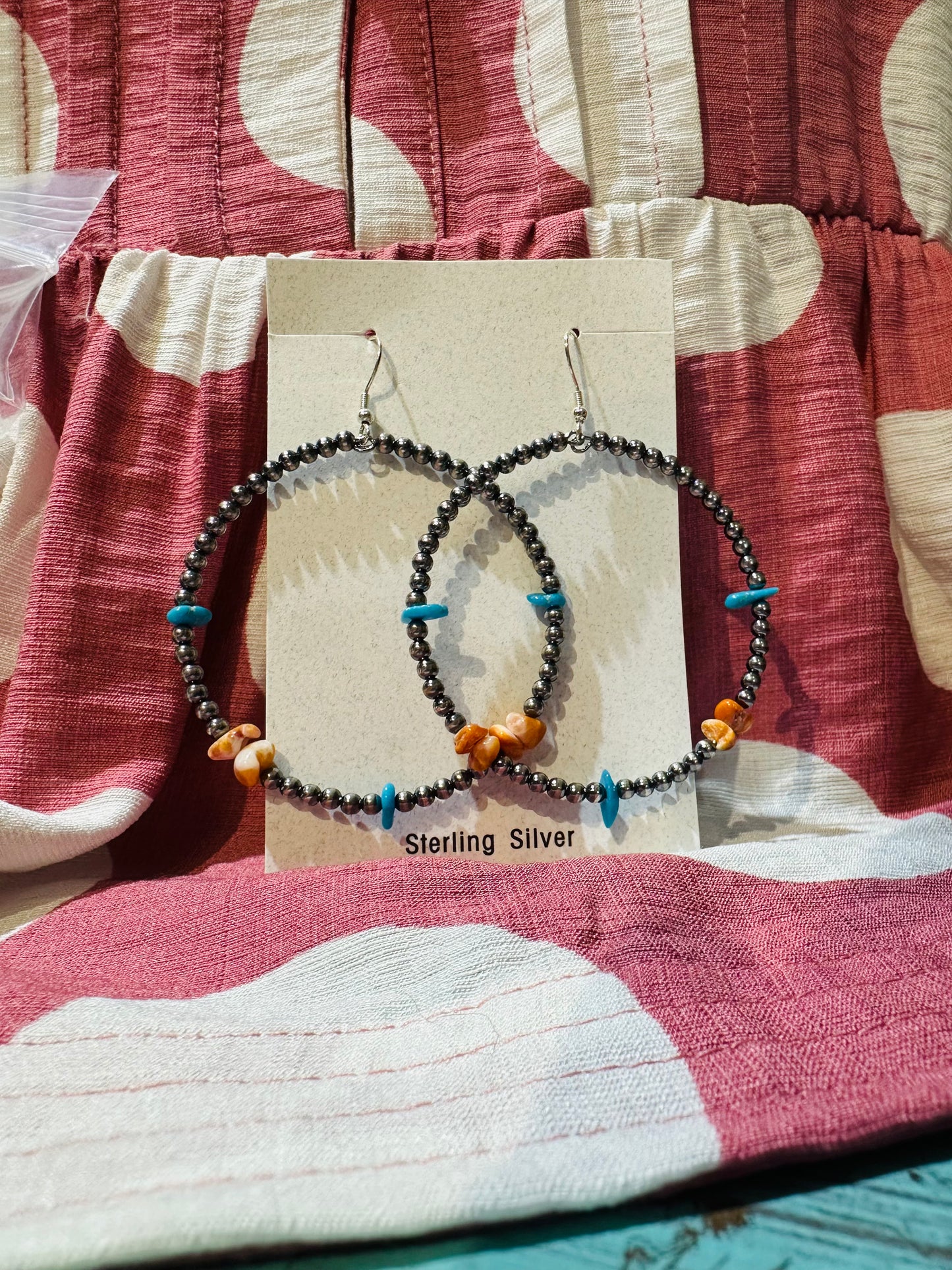 Navajo Spiny & Turquoise Silver Pearl Hoops