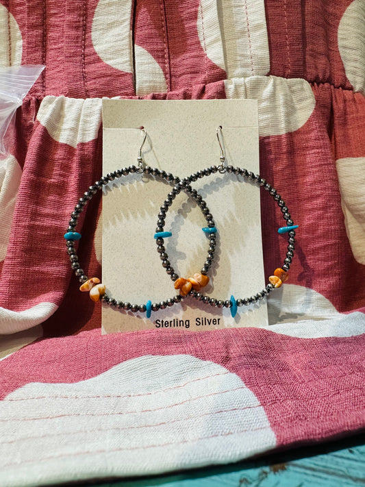 Navajo Spiny & Turquoise Silver Pearl Hoops
