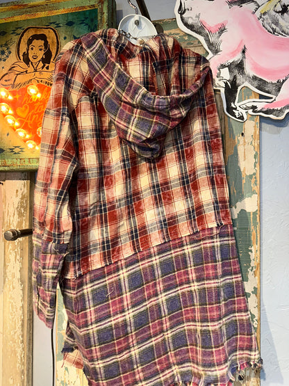 Plaid Button Down Hoodie Shirt Faded Red
