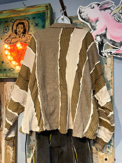 Colorblock and Patchwork Cardigan Brown Combo