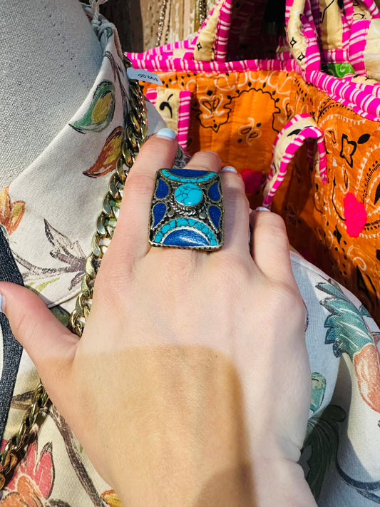 German Silver, Turquoise, and Lapis Adjustable Ring