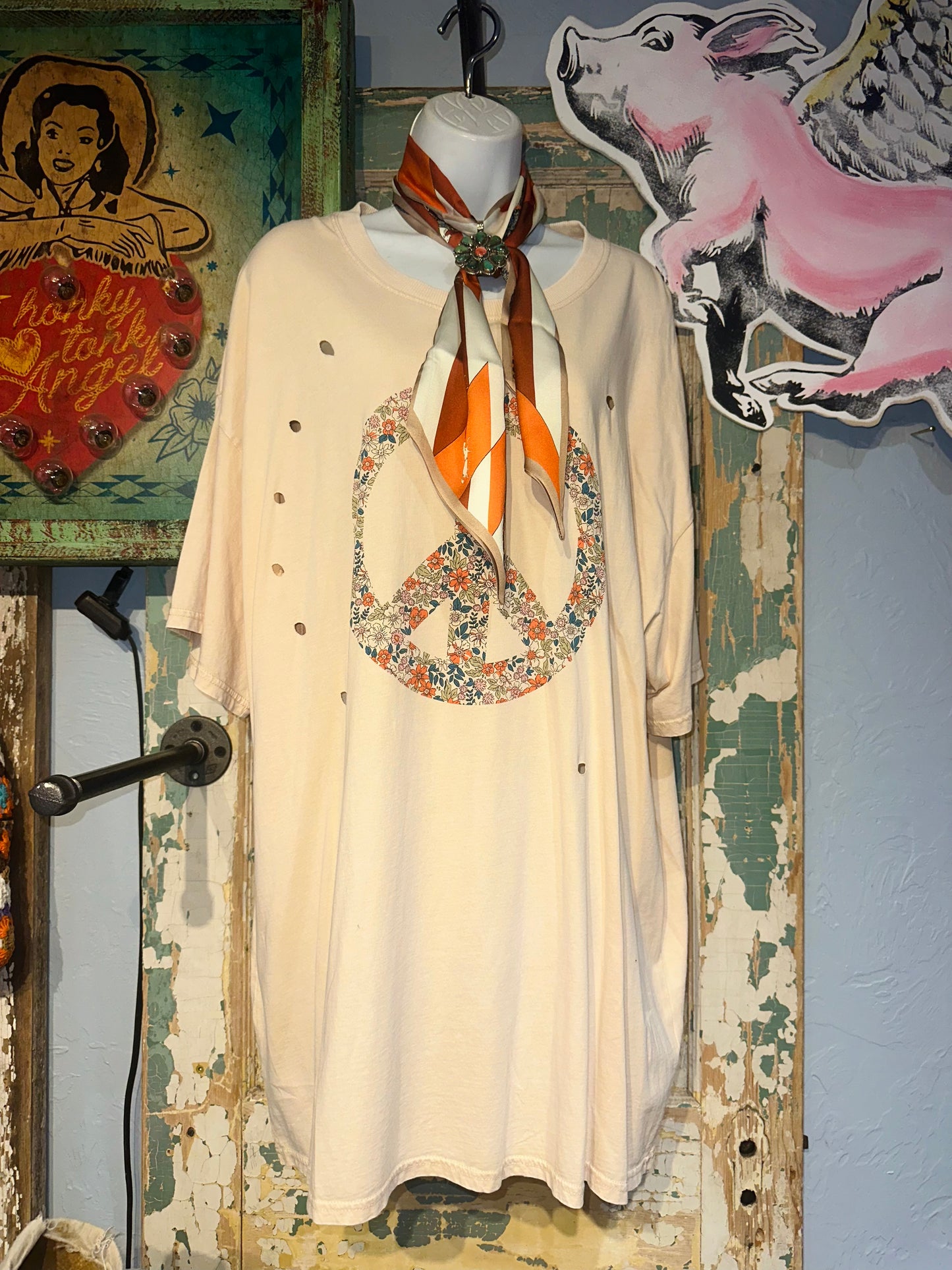 Tan Oversized Floral Peace T-Shirt Dress